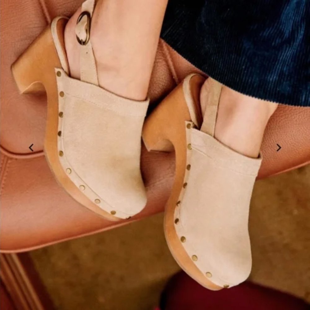 Sezane Tan Suede Clog Mules with Wood Heel - Picture 4 of 7